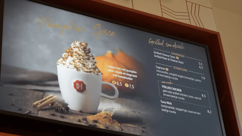 Digital menboard bij Douwe Egberts cafe